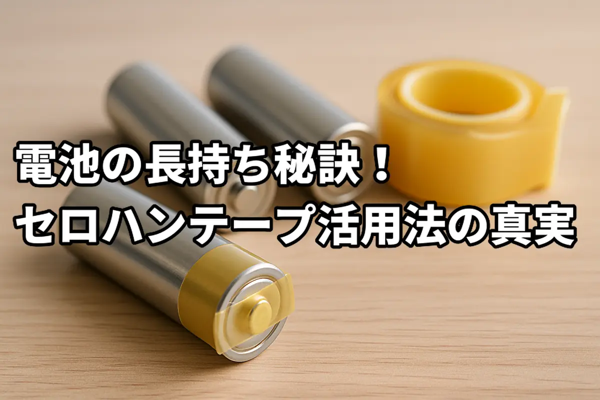 セロハンテープで絶縁処理された乾電池と、正しい保存方法を示す家庭用保管ケースのイメージ