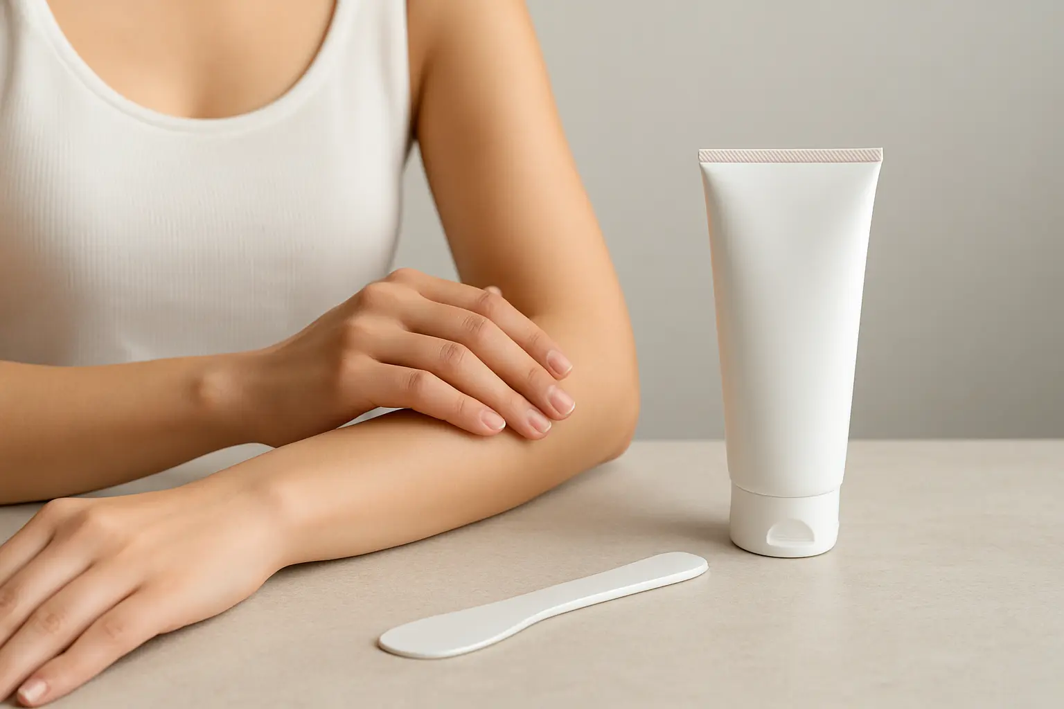 脱毛クリームを前に、注意している人