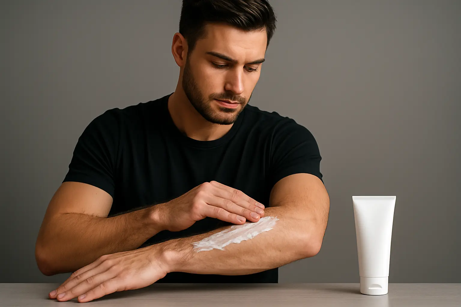 男性が腕の毛に脱毛クリームを塗っている