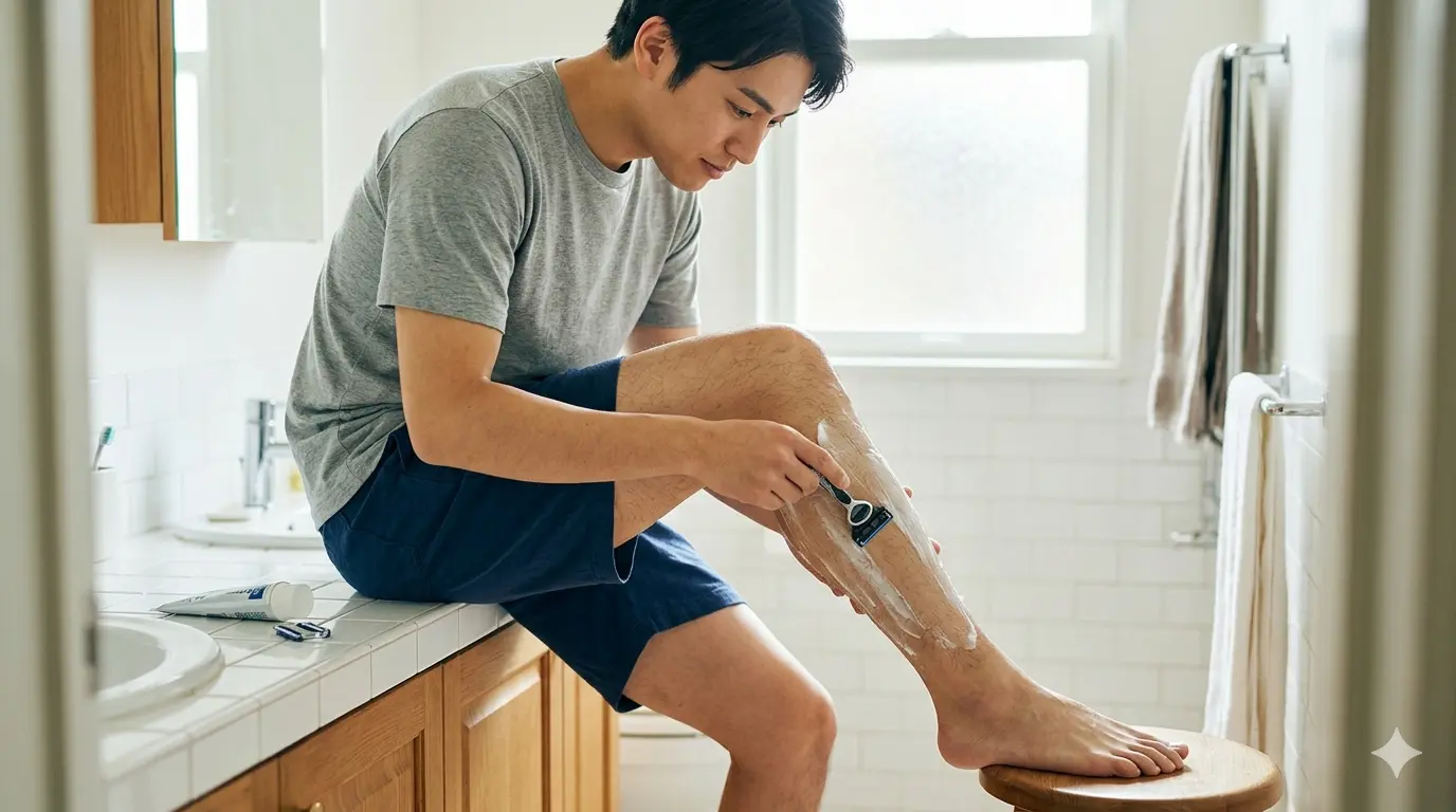 脛のムダ毛の処理をする男性