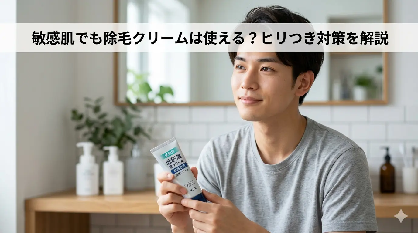 敏感肌の男性が除毛クリームを持ったまま考えている