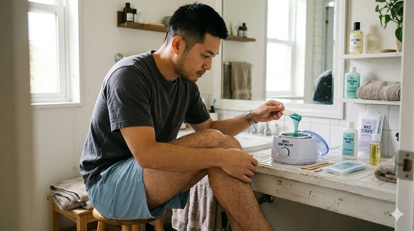 自宅でワックス脱毛を行う男性
