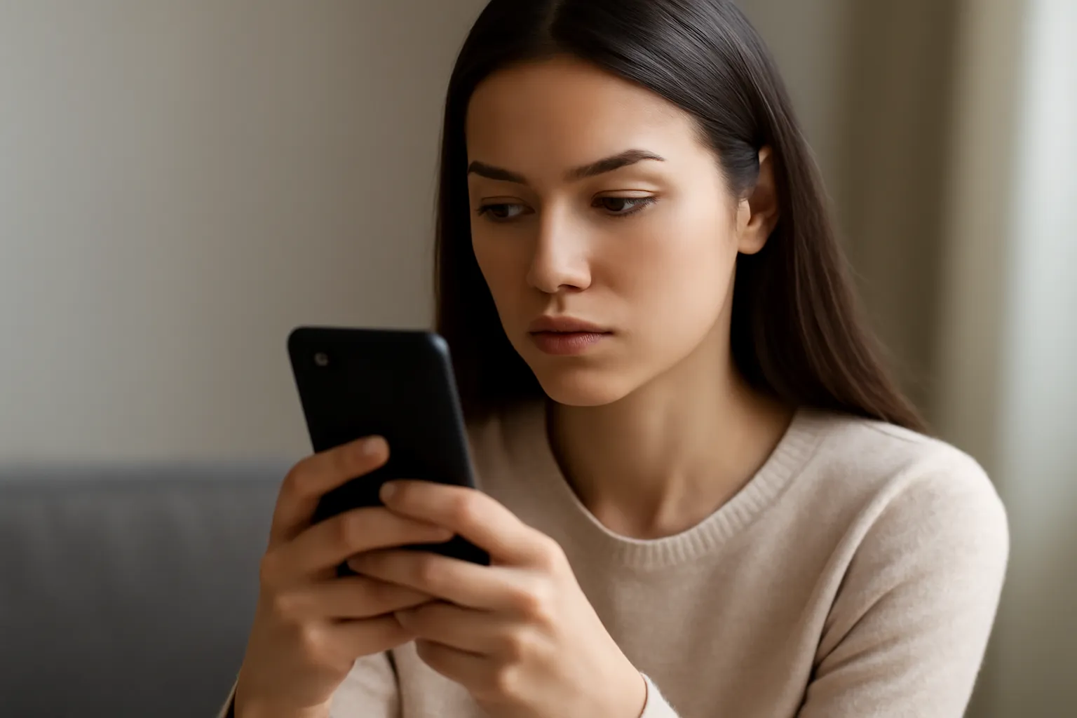 スマホを見て迷う女性